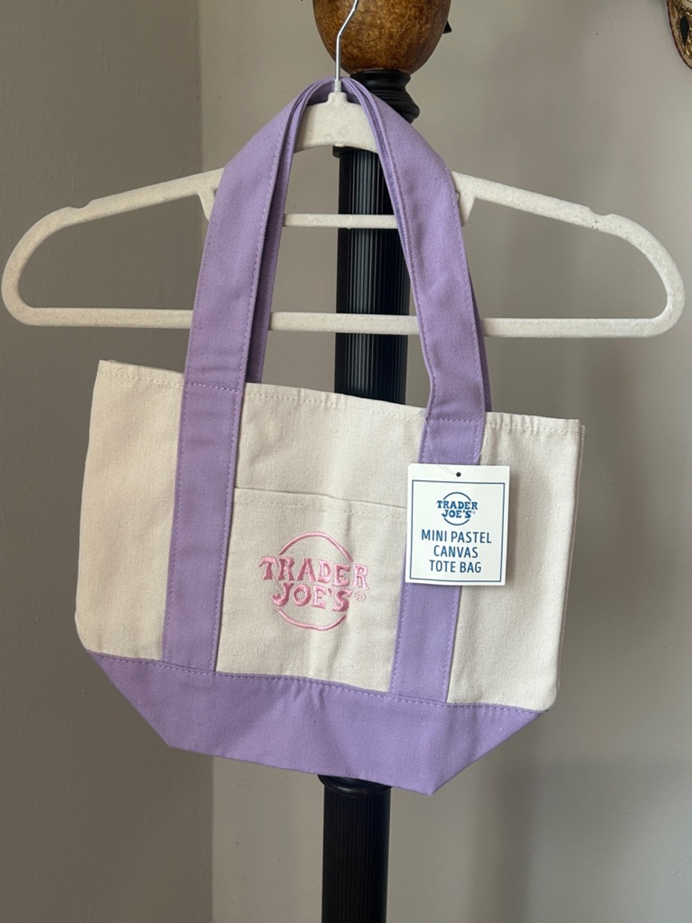 Trader Joe's Mini Pastel Canvas Tote Bag in Lavender and Off-White NWT